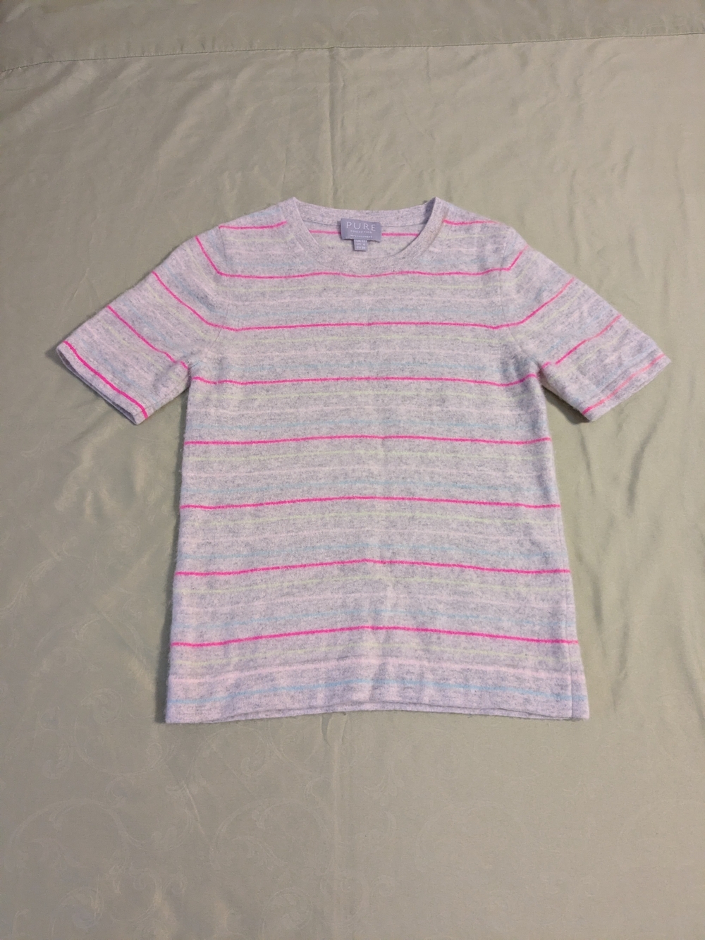 Pure Collection Cashmere Light Gray Tee with Bright Pink Stripes